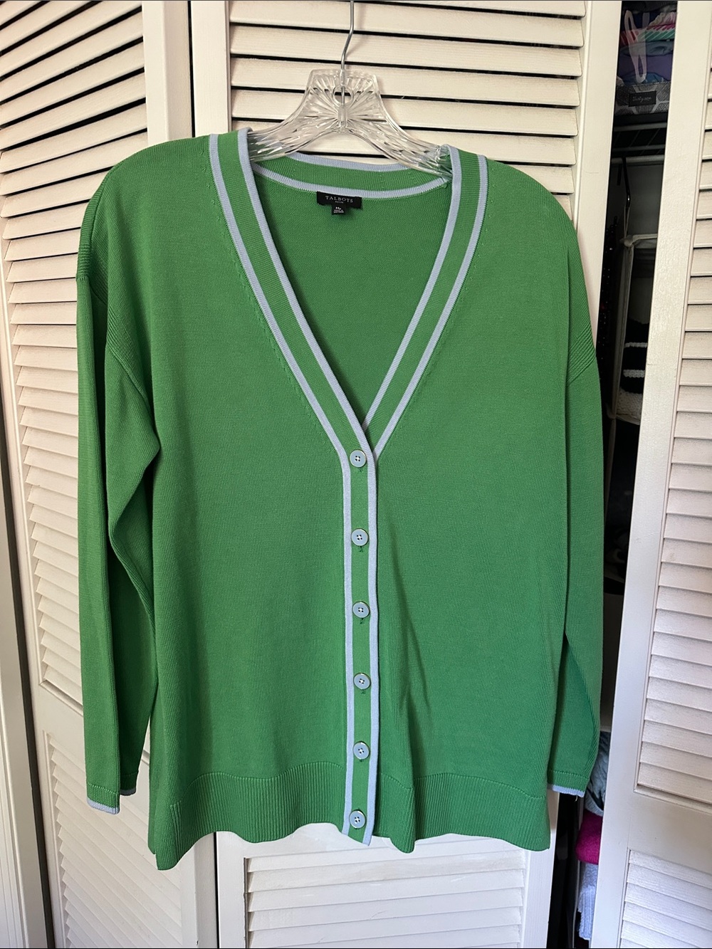 Talbots Green Cardigan with Light Trim V-Neck Button Front